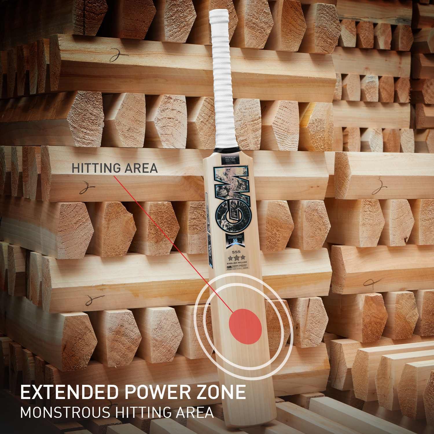 Cricket Bat from GM Diamond 555 series by Cric Studio Canada, English Willow, with a smooth wooden blade and ergonomic handle.