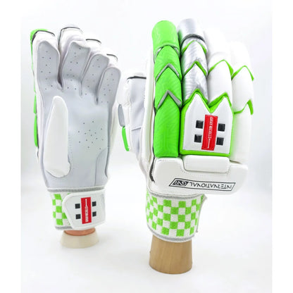 Gray Nicolls B/G GN9 International cricket batting gloves in gray and green, designed for comfort and protection.
