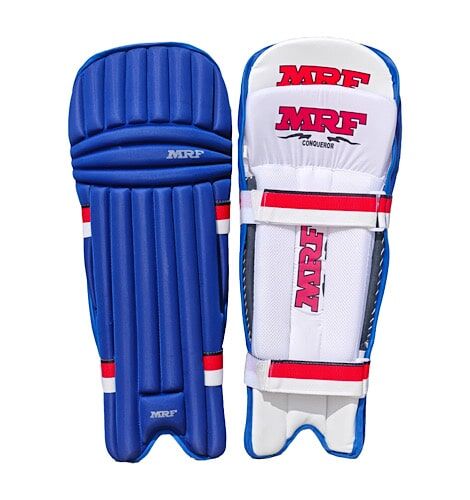 MRF Conqueror batting leg guards for men, cricket protective leg guards with padding and straps, from Cric Studio Canada.