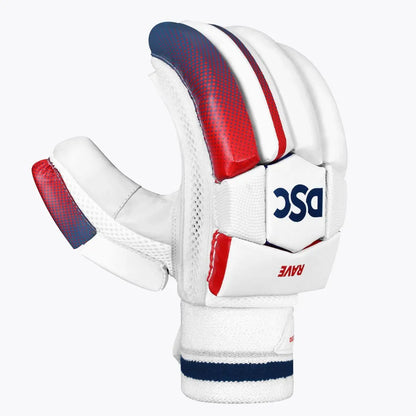 Blue and red DSC Rave Batting Gloves by Cric Studio Canada showing padded fingers and breathable fabric for cricket batting.