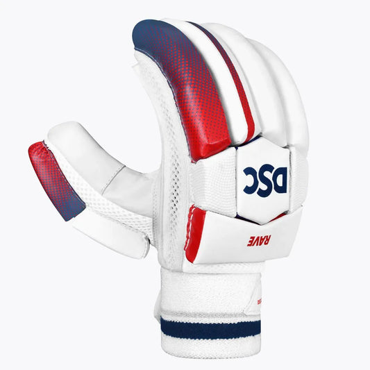 Blue and red DSC Rave Batting Gloves by Cric Studio Canada showing padded fingers and breathable fabric for cricket batting.