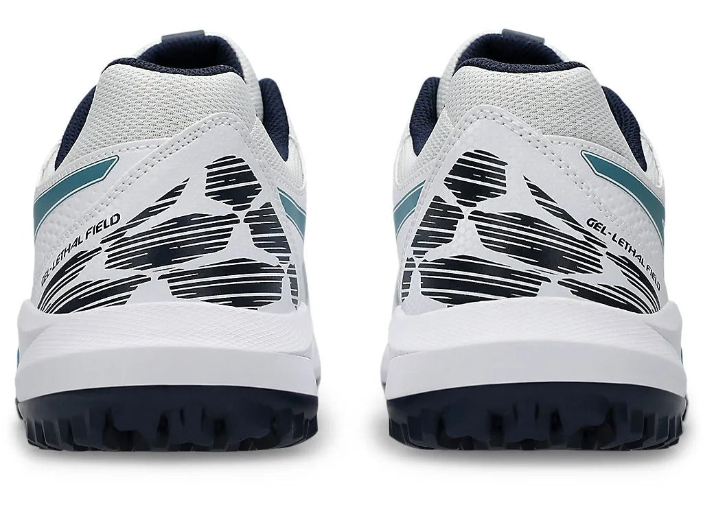 Asics Gel Lethal Field 2 cricket shoes featuring black and white design, lightweight athletic shoes with gel cushioning for performance.