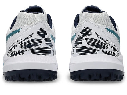 Asics Gel Lethal Field 2 cricket shoes featuring black and white design, lightweight athletic shoes with gel cushioning for performance.
