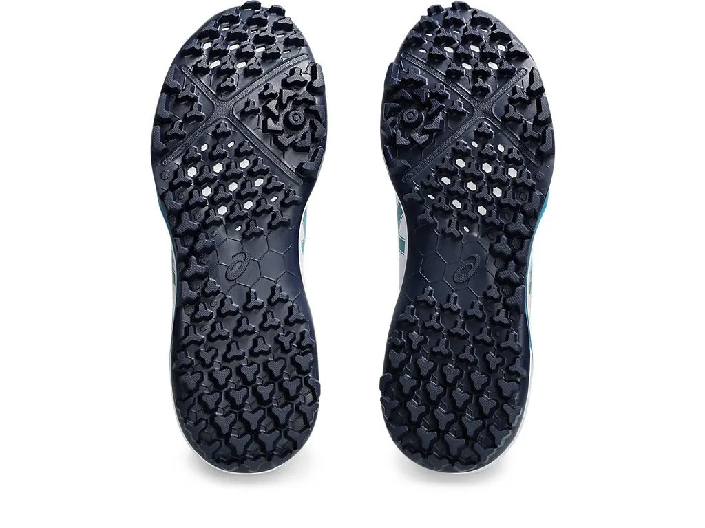 Asics Gel Lethal Field 2 cricket shoes with black and white design, featuring durable outsole and cushioned support for players.