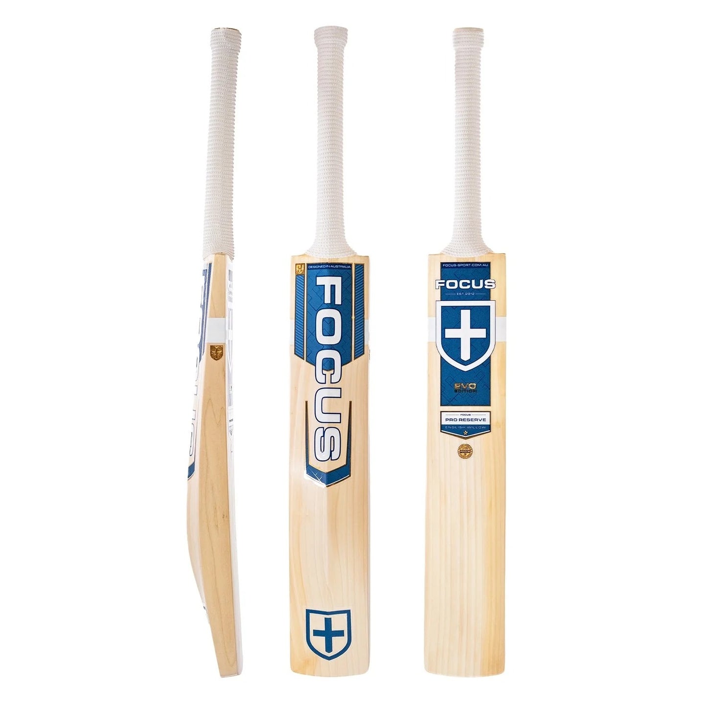 Cric Studio Canada Focus Evo Performance EW cricket bat with a wooden handle and traditional blade design, ready for play.