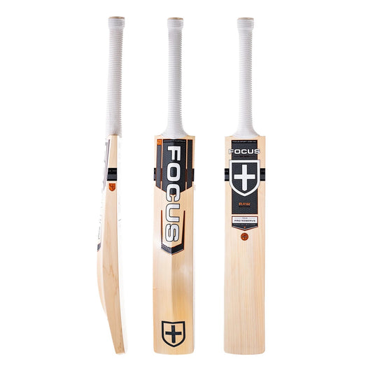 Cricket bat by Cric Studio Canada, Focus Raw Performance English Willow cricket bat with a smooth wooden surface and grip handle.