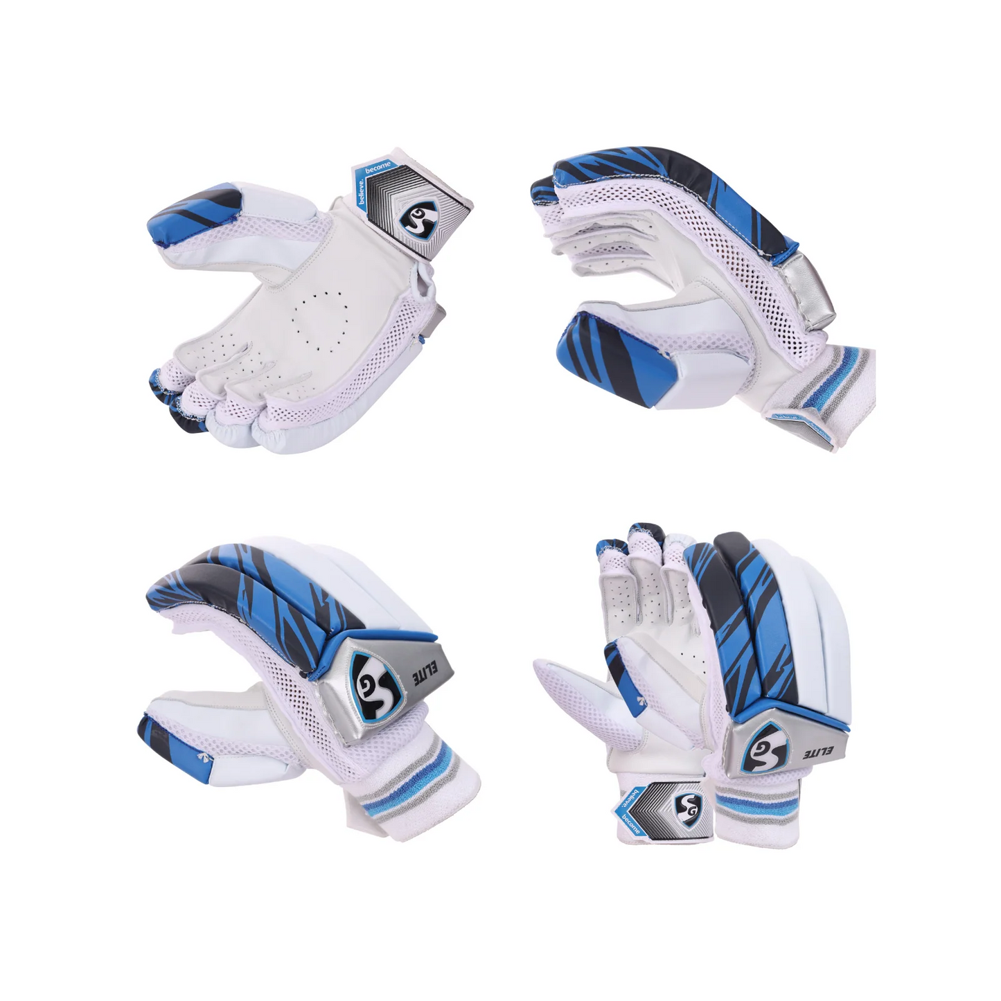Cric Studio Canada SG Elite batting gloves with black and white design, padded palms, and adjustable wrist straps for cricket batting.