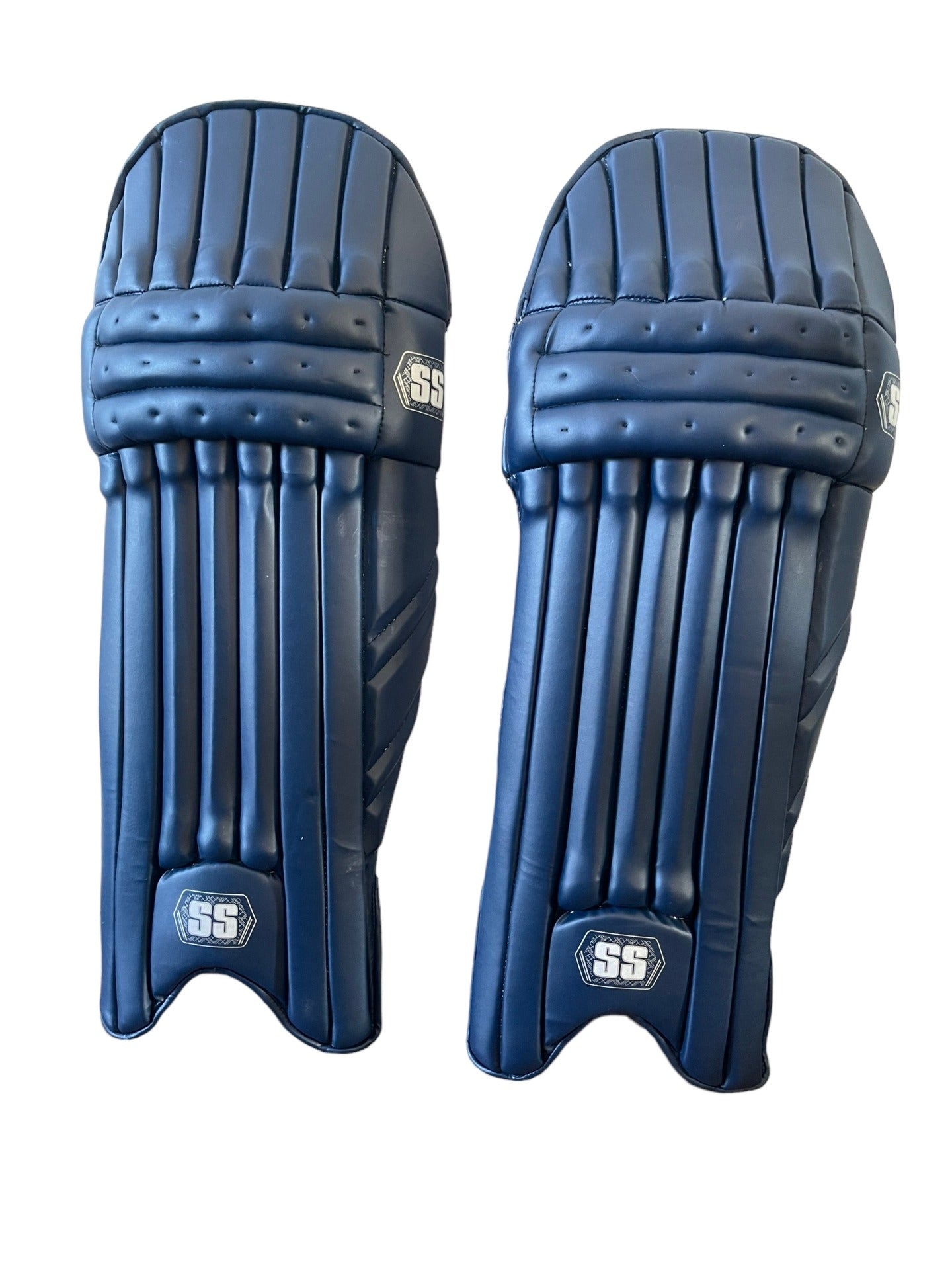 SS Platino Batting Leg Guard in navy, showing protective padding and straps for cricket batting protection.