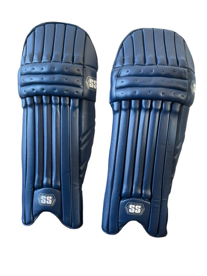 SS Platino Batting Leg Guard in navy, showing protective padding and straps for cricket batting protection.