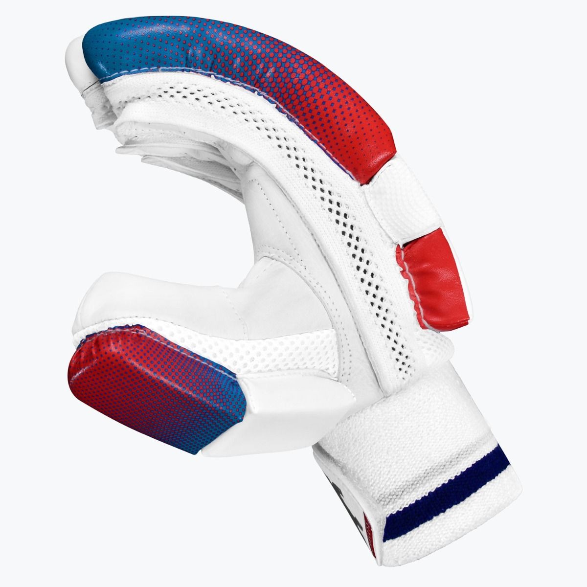 Blue and red DSC Rave Batting Gloves by Cric Studio Canada, showing padded finger protection and breathable fabric.