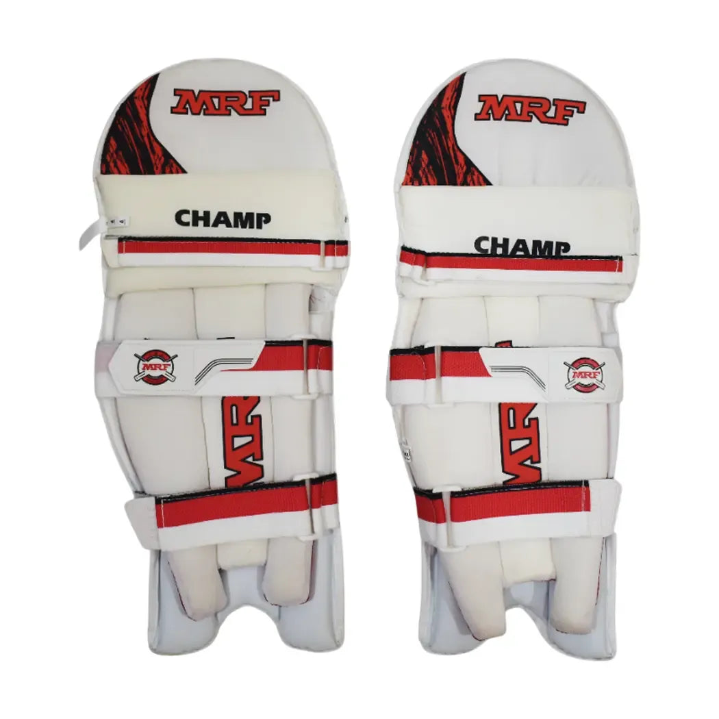 Cricket batting legguard by Cric Studio Canada, MRF B/L CHAMP style, padded protective legguard for cricket players, front view