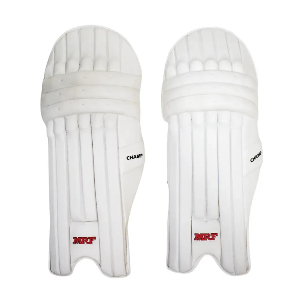 Cric Studio Canada MRF B/L CHAMP batting legguards with protective padding for cricket players, shown in black with adjustable straps.
