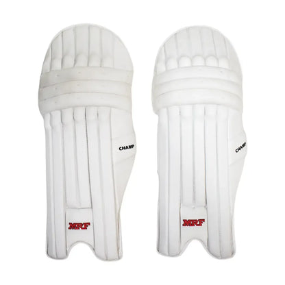 Cric Studio Canada MRF B/L CHAMP batting legguards with protective padding for cricket players, shown in black with adjustable straps.