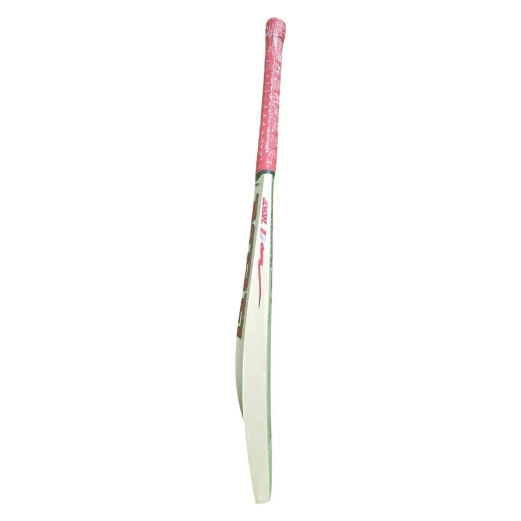 Cric Studio Canada MRF Genius Legacy cricket bat with a wooden blade and handle, ready for play on a cricket field.