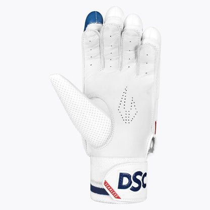 Blue and red DSC Rave batting gloves by Cric Studio Canada with padded palms and adjustable wrist straps for cricket players.