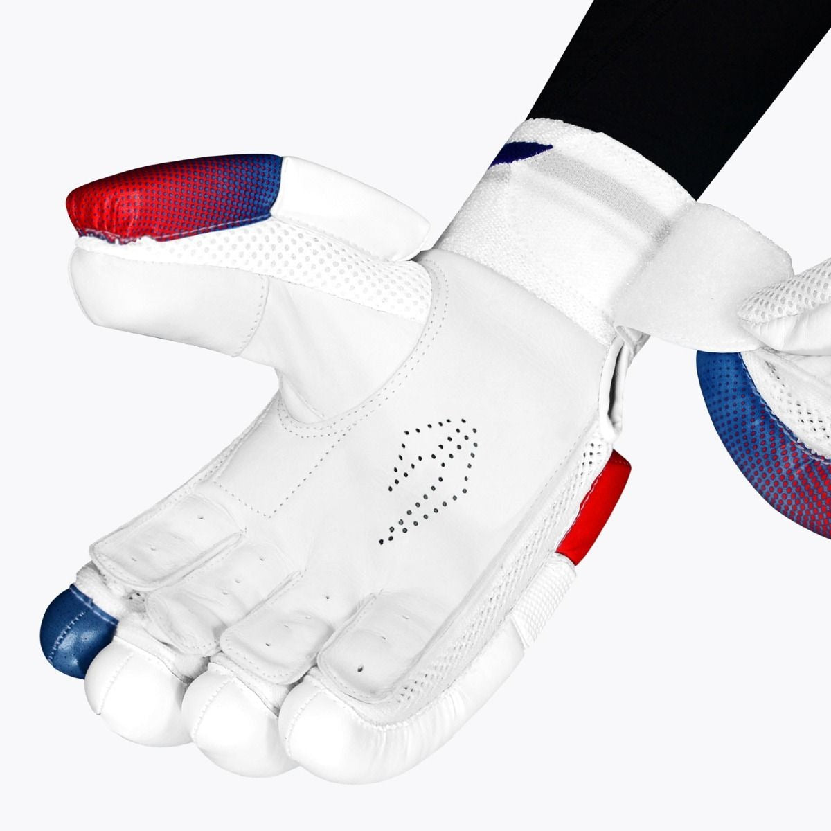 Blue and red DSC Rave Batting Gloves by Cric Studio Canada with padded palms and adjustable wrist straps.
