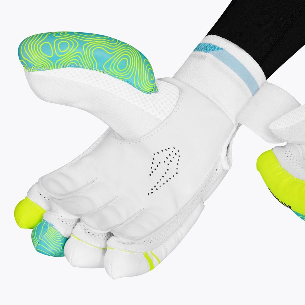 Cric Studio Canada DSC Atmos batting gloves in fluorescent yellow and green, designed for cricket batting protection.