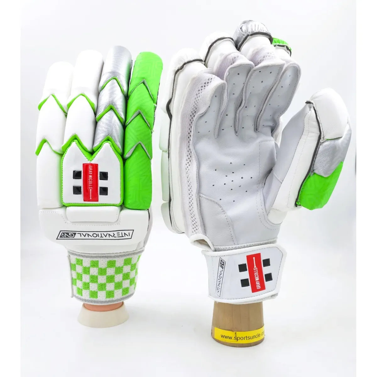 Gray Nicolls GN9 International cricket batting gloves with padded palms and adjustable straps, designed for optimal comfort.