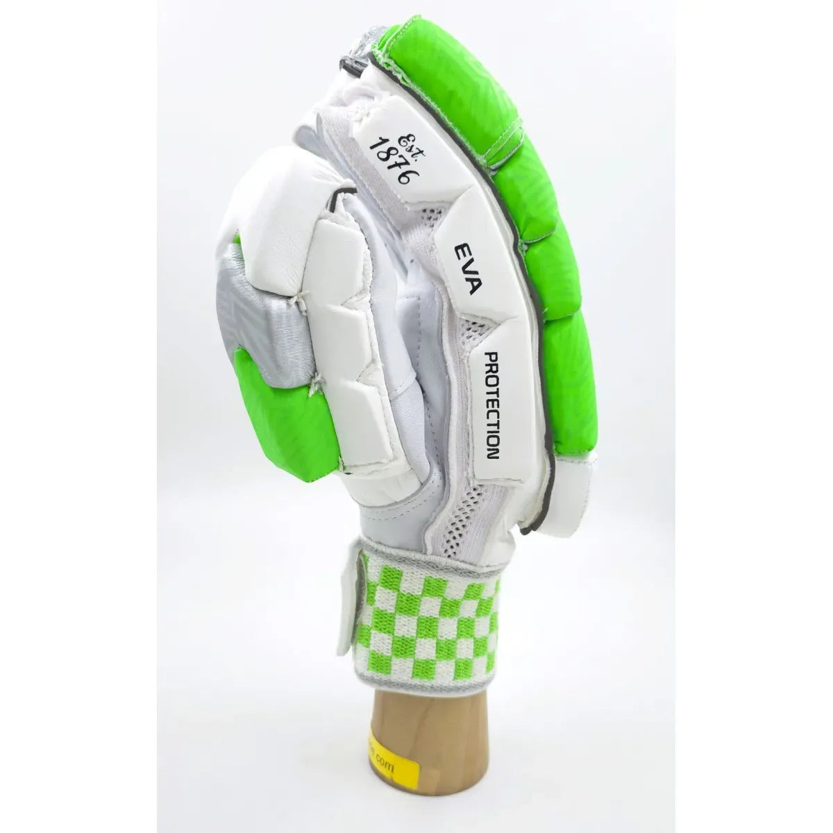 Gray Nicolls GN9 International batting gloves with gray and green design, featuring padded palms and adjustable wrist straps.