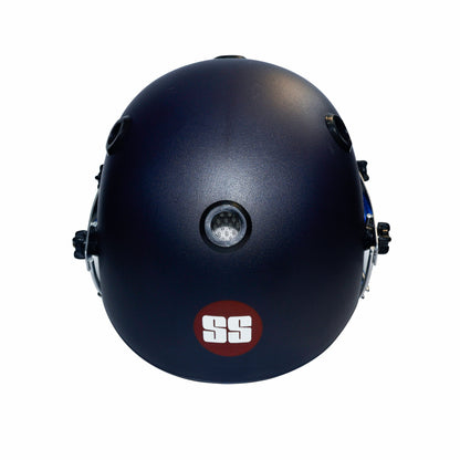 SS Elite cricket helmet with face guard, black and yellow design, adjustable straps, and ventilation for optimal safety.