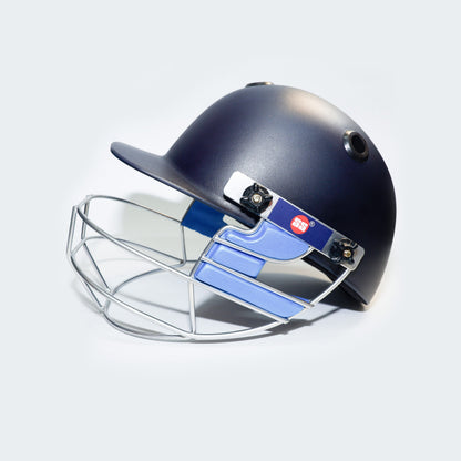 SS Elite cricket helmet with face guard, blue color and ventilation vents, designed for safety and comfort during cricket matches.