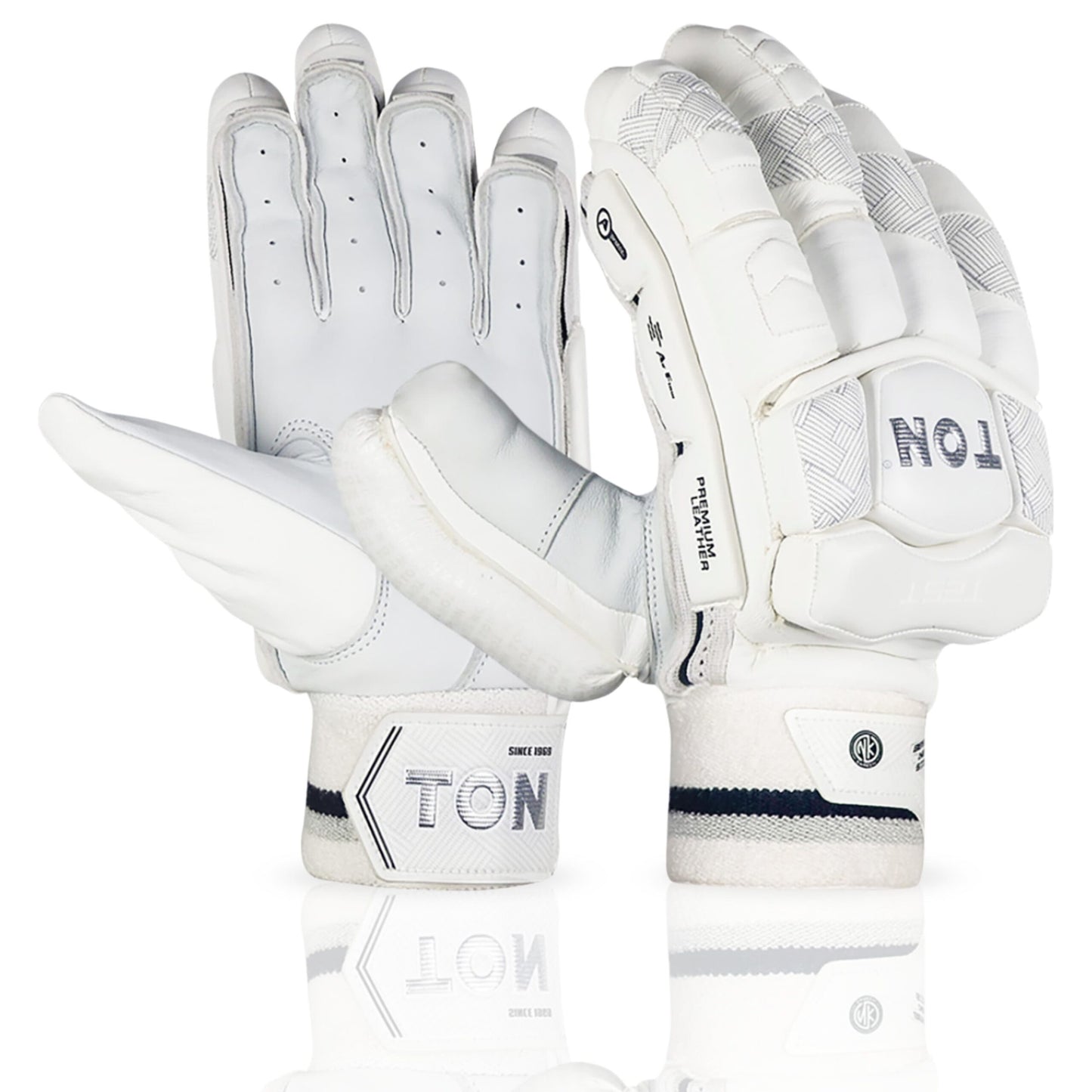 Cricket batting gloves from SS TON Test by Cric Studio Canada, white with blue accents, designed for comfort and protection during play.