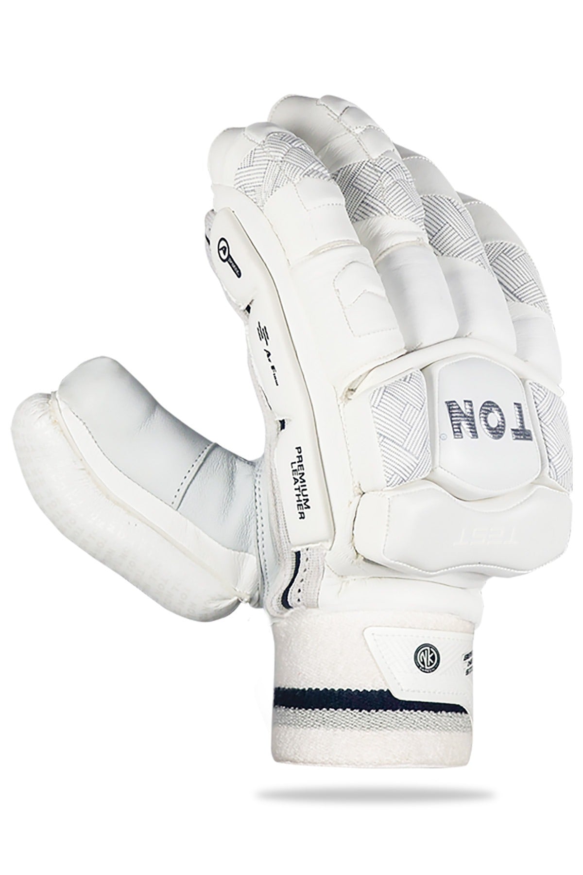 Cricket batting gloves from SS TON Test by Cric Studio Canada, padded for protection, with white and black design details.