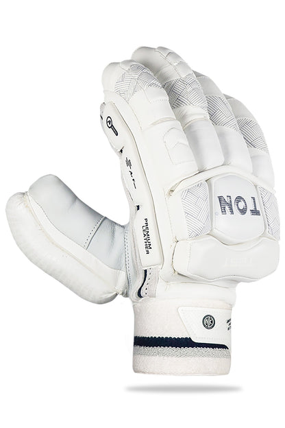 Cricket batting gloves from SS TON Test by Cric Studio Canada, padded for protection, with white and black design details.