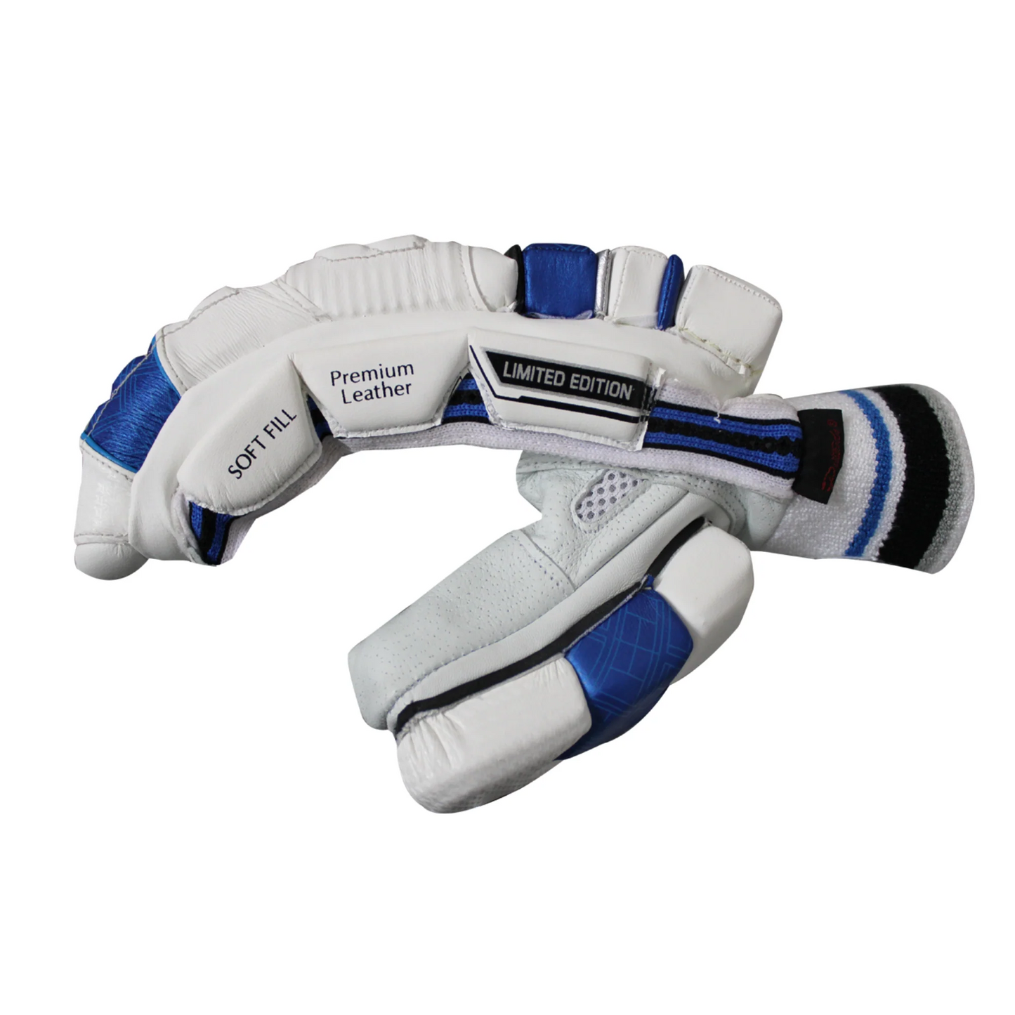 SS Limited Edition Batting Gloves with black and white design, padded palms, and adjustable wrist straps for cricket players.