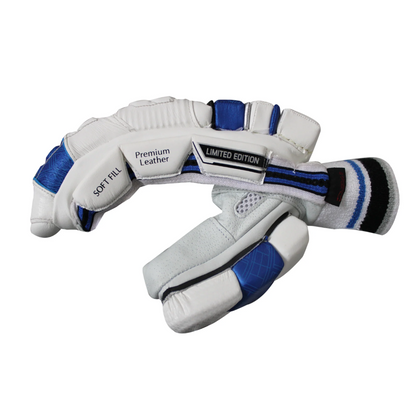 SS Limited Edition Batting Gloves with black and white design, padded palms, and adjustable wrist straps for cricket players.