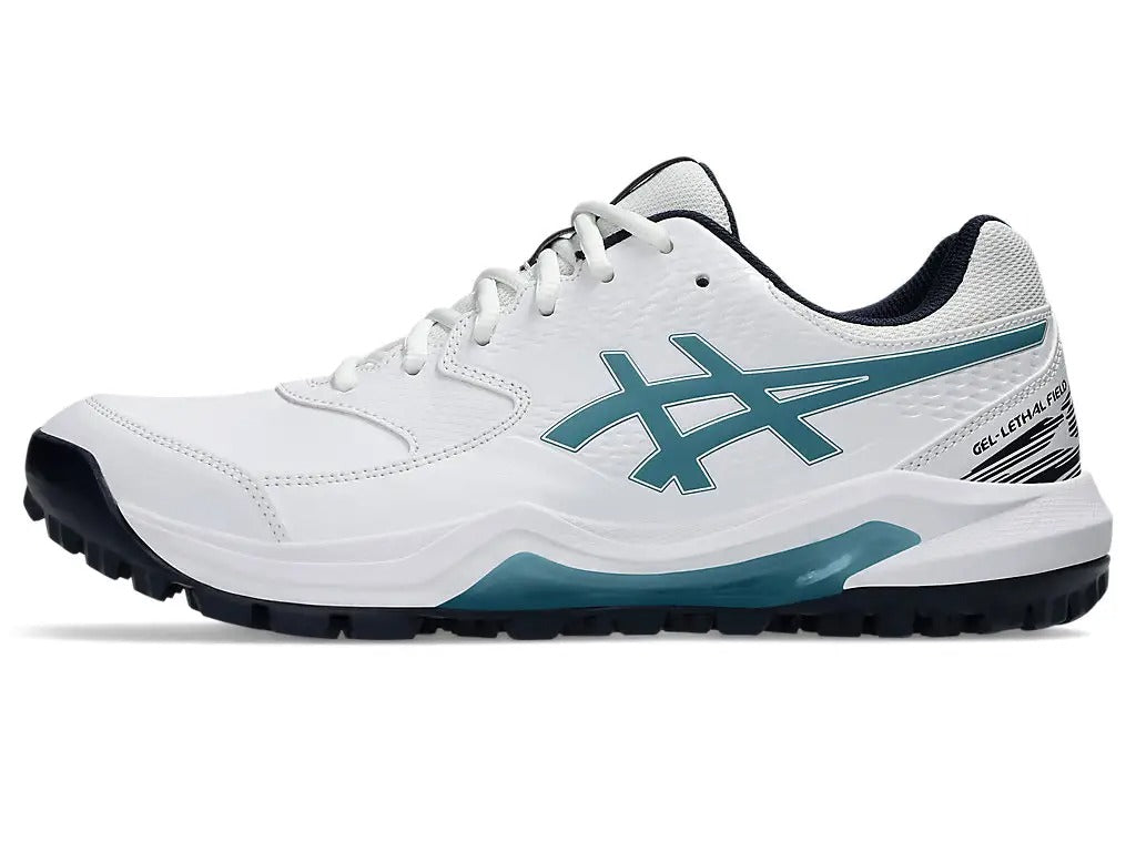 Asics Gel Lethal Field 2 cricket shoes, black and white sports footwear with cushioning and grip for cricket players.