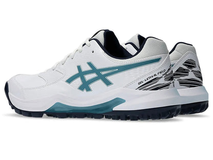 Asics Gel Lethal Field 2 cricket shoes with black and white design, featuring gel cushioning and sturdy outsole for outdoor play.