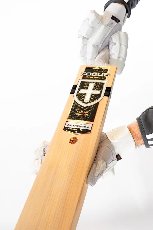 Cricket bat with "Focus Raw Performance" English Willow branding, featuring a light-colored wooden blade and grip handle.
