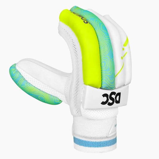 Cric Studio Canada DSC Atmos batting gloves in fluorescent yellow and green, designed for cricket batting protection.