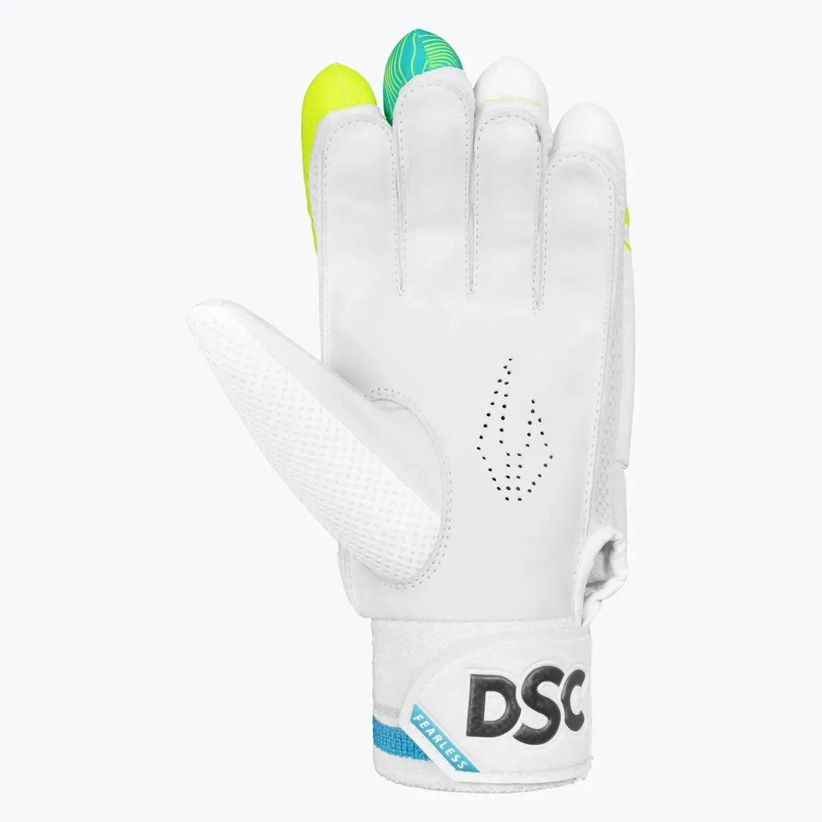 Cric Studio Canada DSC Atmos batting gloves in fluorescent yellow and green, designed for cricket batting protection.