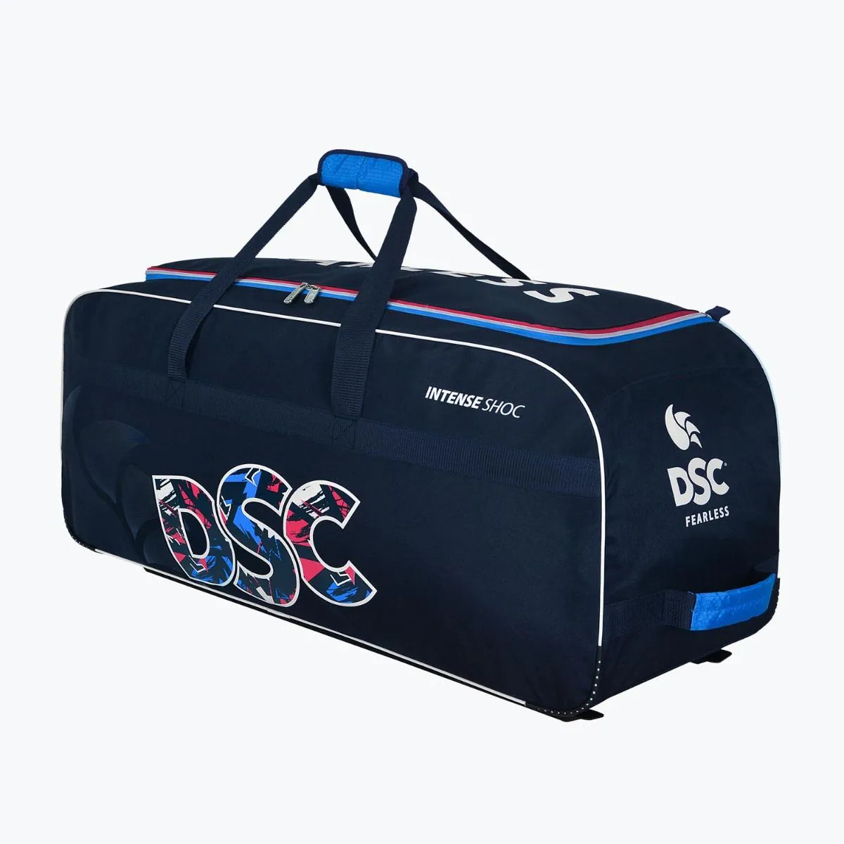 Cricket kit bag from DSC Intense Shoc series by Cric Studio Canada, featuring sturdy design and multiple compartments for gear storage.