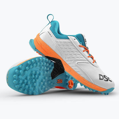 DSC Jaffa 22 cricket shoe showing white and blue design with textured sole and supportive upper for cricket gameplay.