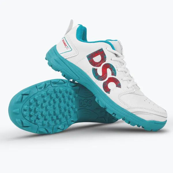 DSC Beamer X cricket shoes featuring a sleek design with orange and black color details, suitable for cricket players.