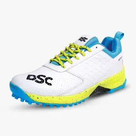 DSC Jaffa 22 white cricket shoes with lemon yellow accents, designed for comfort and performance in sports footwear.