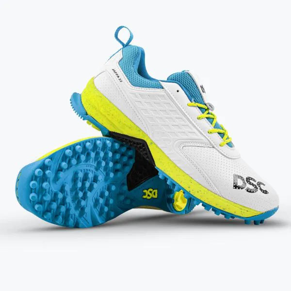 DSC Jaffa 22 cricket shoes in white with lemon yellow accents, designed for comfort and performance on the field.