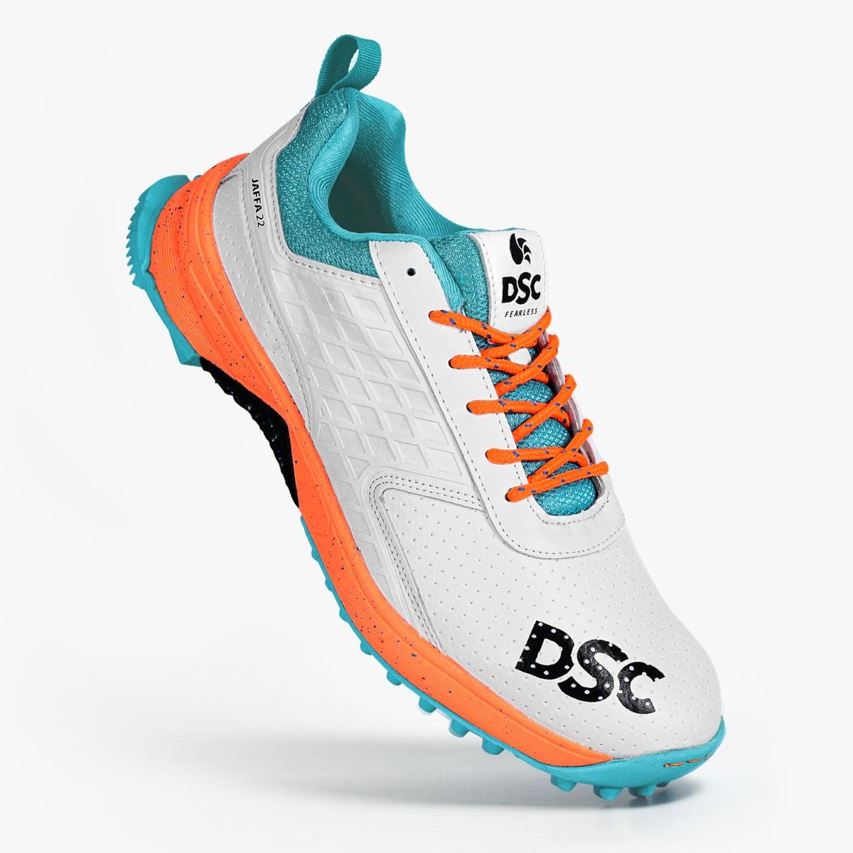 DSC Jaffa 22 cricket shoes in white and orange with supportive design and durable sole for cricket players.