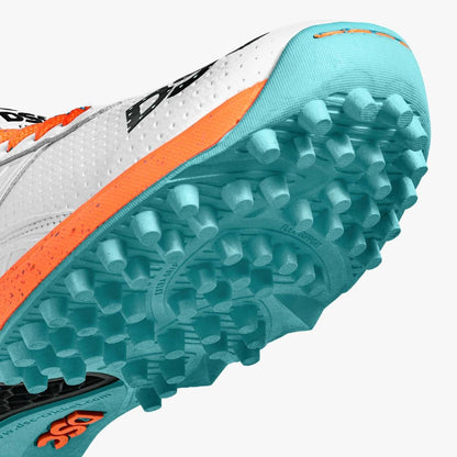 DSC Jaffa 22 cricket shoes in white and orange with durable sole and supportive design for cricket players.