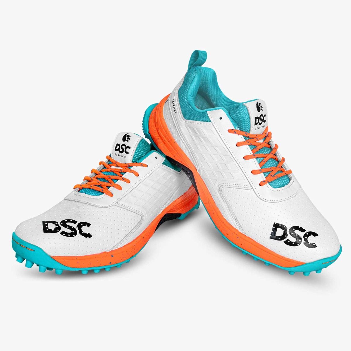 DSC Jaffa 22 cricket shoes in white and orange with supportive design and cleats, suitable for cricket players.
