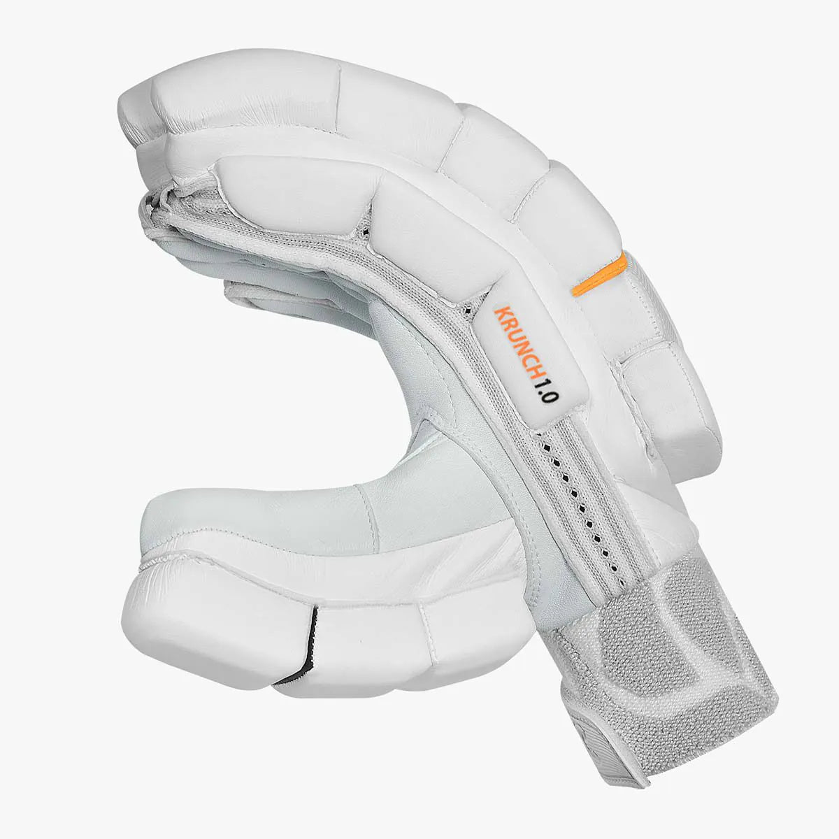 Cric Studio Canada DSC Krunch 1.0 batting gloves for cricket, padded finger and palm protection, white and blue design.