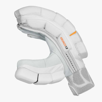 Cric Studio Canada DSC Krunch 1.0 batting gloves for cricket, padded finger and palm protection, white and blue design.