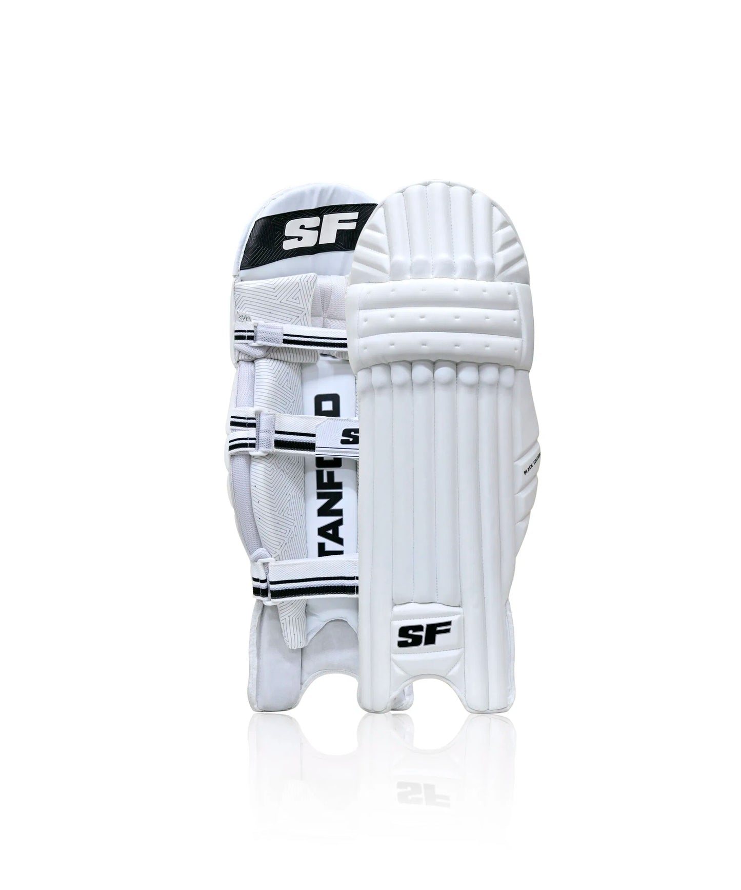 Cric Studio Canada SF Black Edition batting leg guards, black protective cricket leg guards with padding and straps for secure fit.