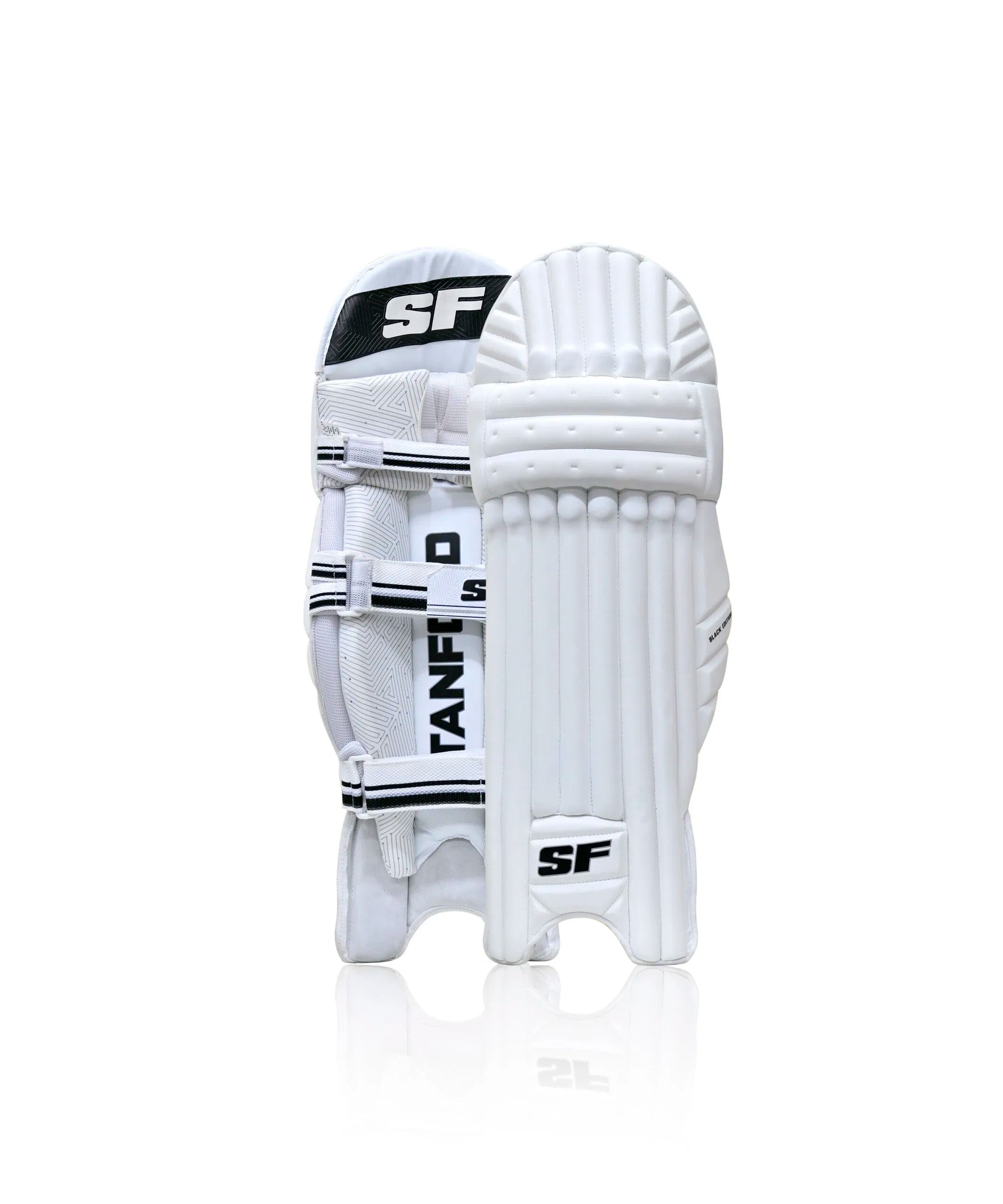 Cric Studio Canada SF Black Edition batting leg guards, black protective cricket leg guards with padding and straps for secure fit.