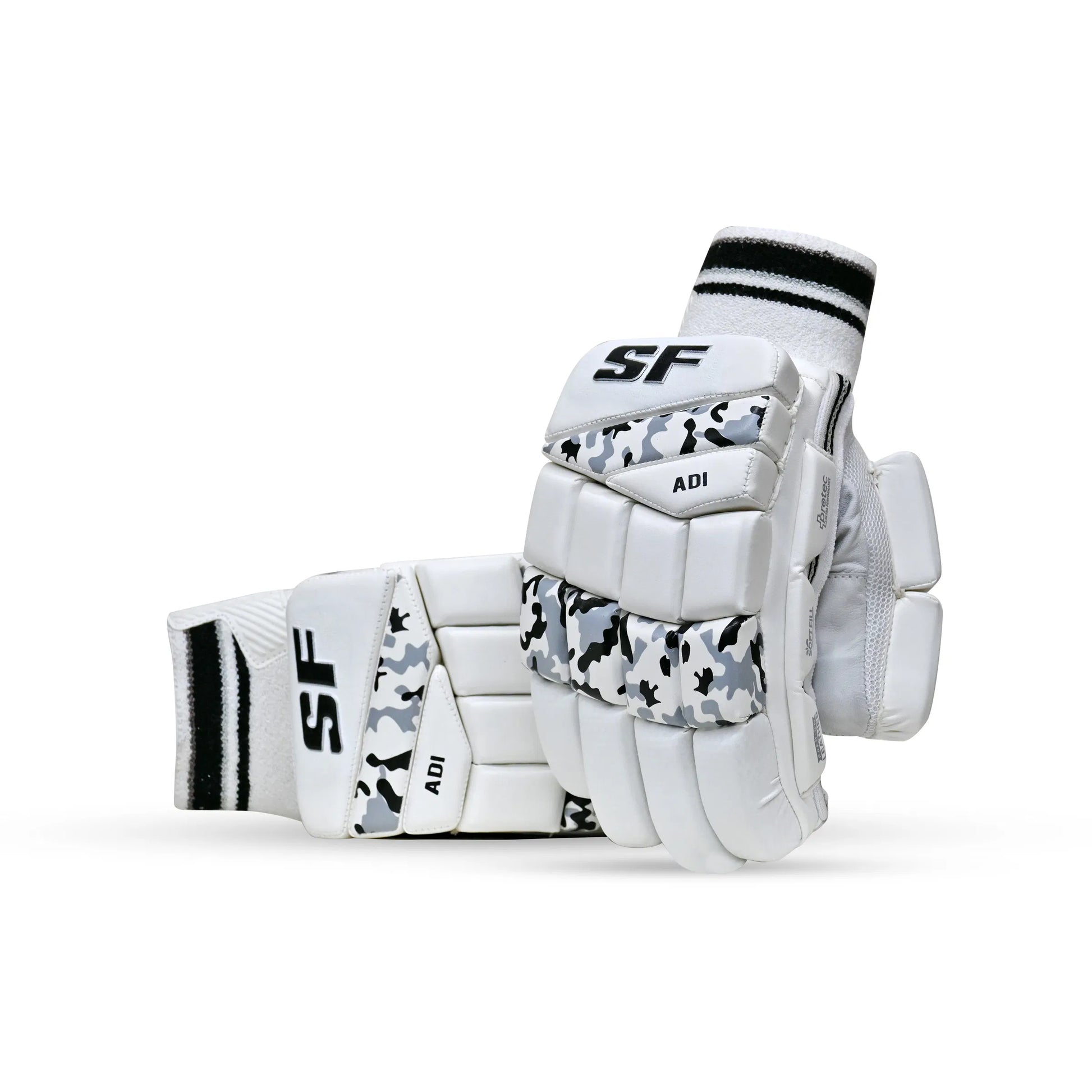 Cric Studio Canada SF Camo Adi MRH batting gloves with camouflage design and padded palms for cricket batting.