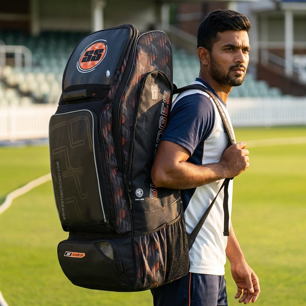 Cric Studio Canada SS Player 2.0 Kit Bag with sturdy handles, multiple compartments, and black and red design for cricket gear storage.