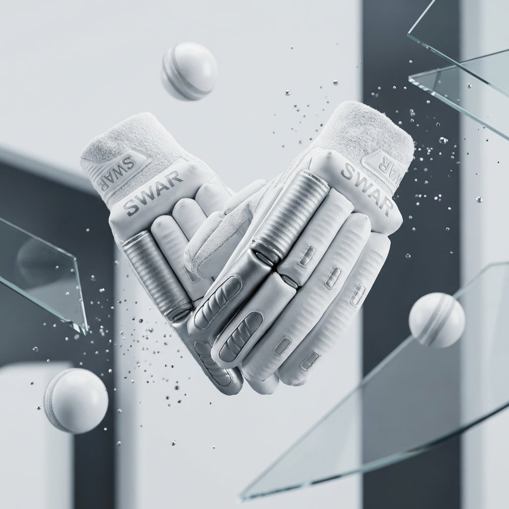 Cric Studio Canada SWAR Sausage Silver Batting Gloves with padded palms and adjustable wrist straps for cricket batting.